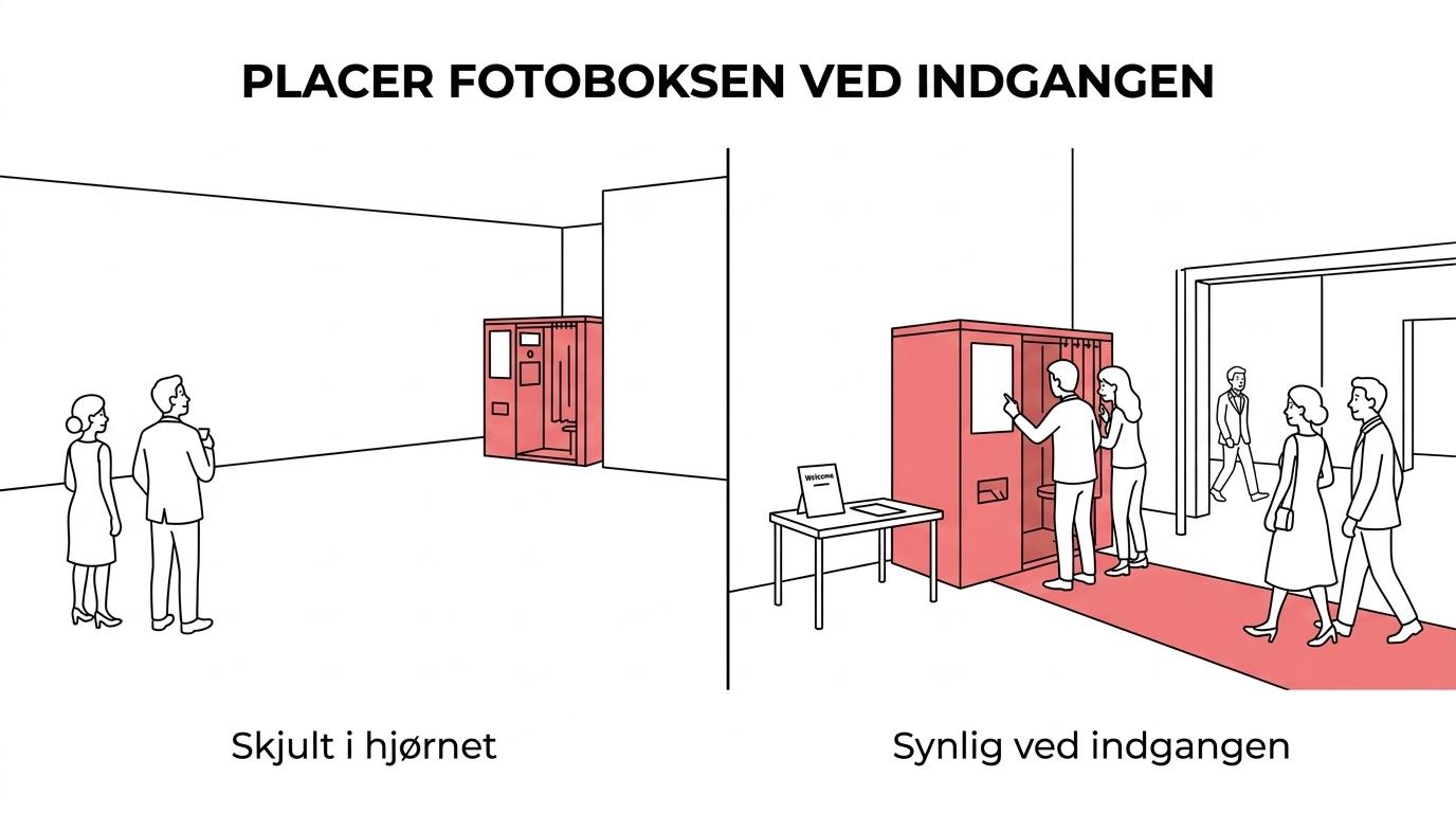 Sammenligning af en bryllupsfotoboks, der står overset i et hjørne, versus en fotoboks ved indgangen med gæster, der bruger den.