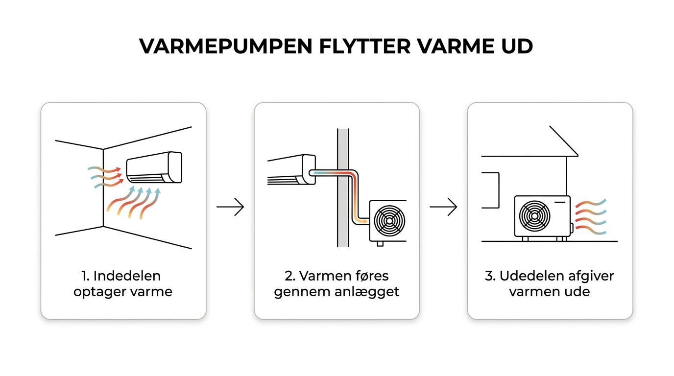 Diagram, der viser en luft-til-luft varmepumpe i køledrift, hvor indedelen optager varme fra rummet og udedelen afgiver varmen udenfor.