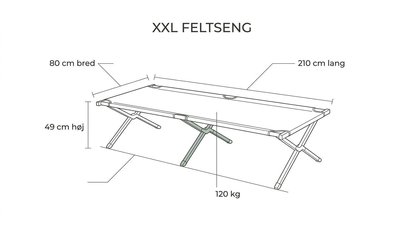 En ekstra bred feltseng vist med labels for 80 cm bredde, 210 cm længde, 49 cm højde, 120 kg belastning og foldbart stel.