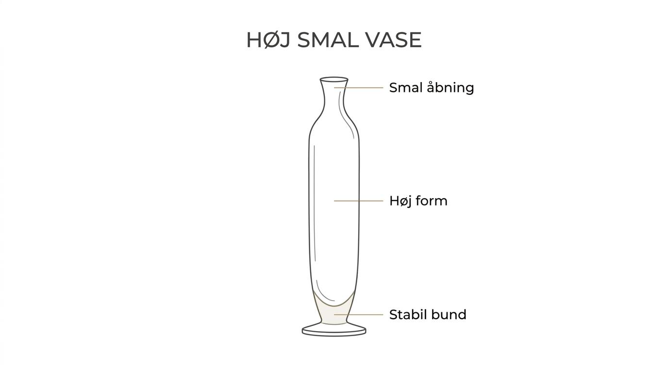 En høj smal vase med markeringer af højden, den smalle åbning og en stabil bund til lange stilke og grene.