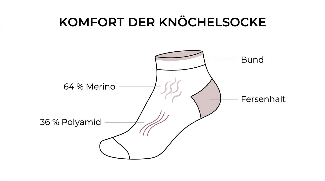 A women’s low-cut sneaker sock with labeled features such as Merino blend, cuff, heel hold, and low profile.