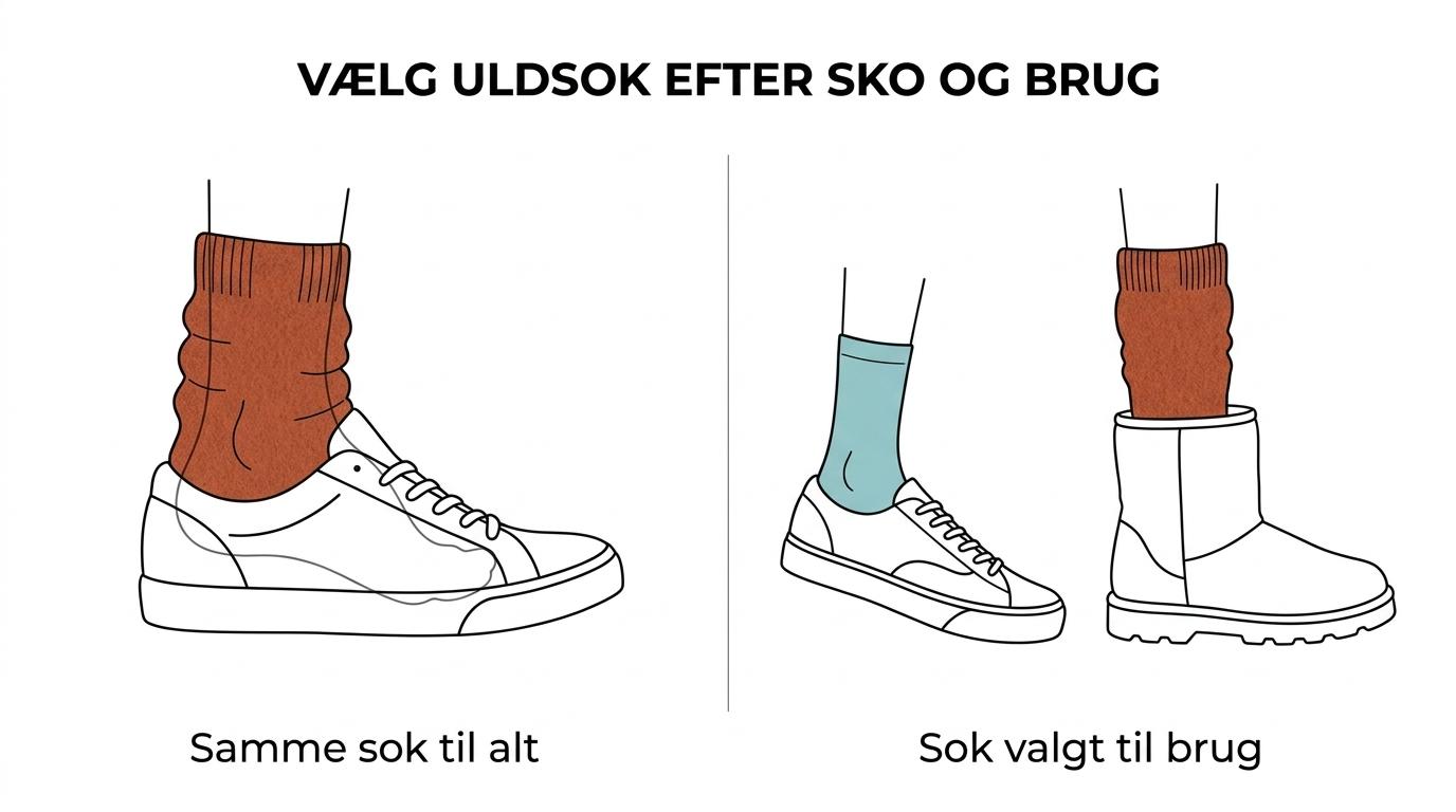Sammenligning af tynde og kraftigere uldsokker til almindelige sko, støvler og hjemmetid.