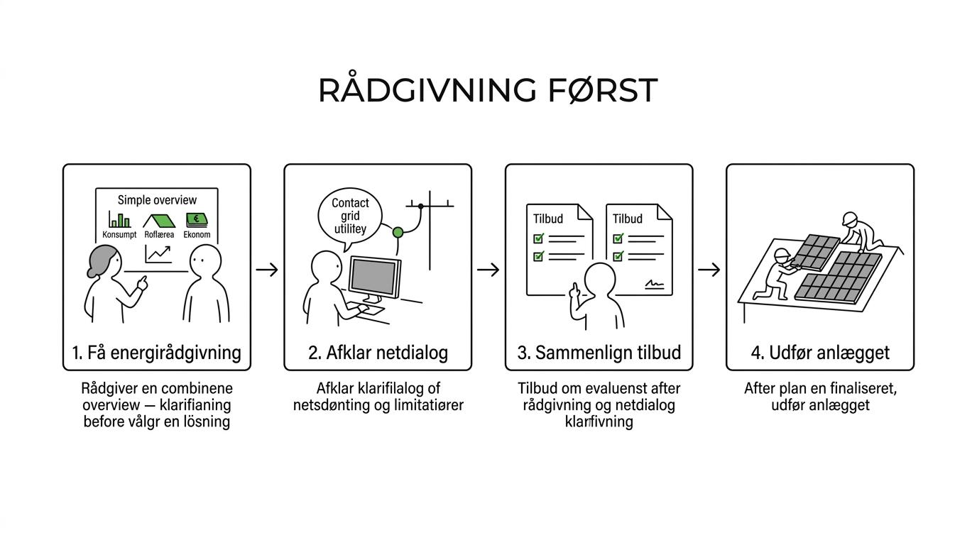 Flowchart over et solcelleprojekts forløb fra forbrugsdata og netafklaring til dimensionering, business case og investeringsbeslutning.