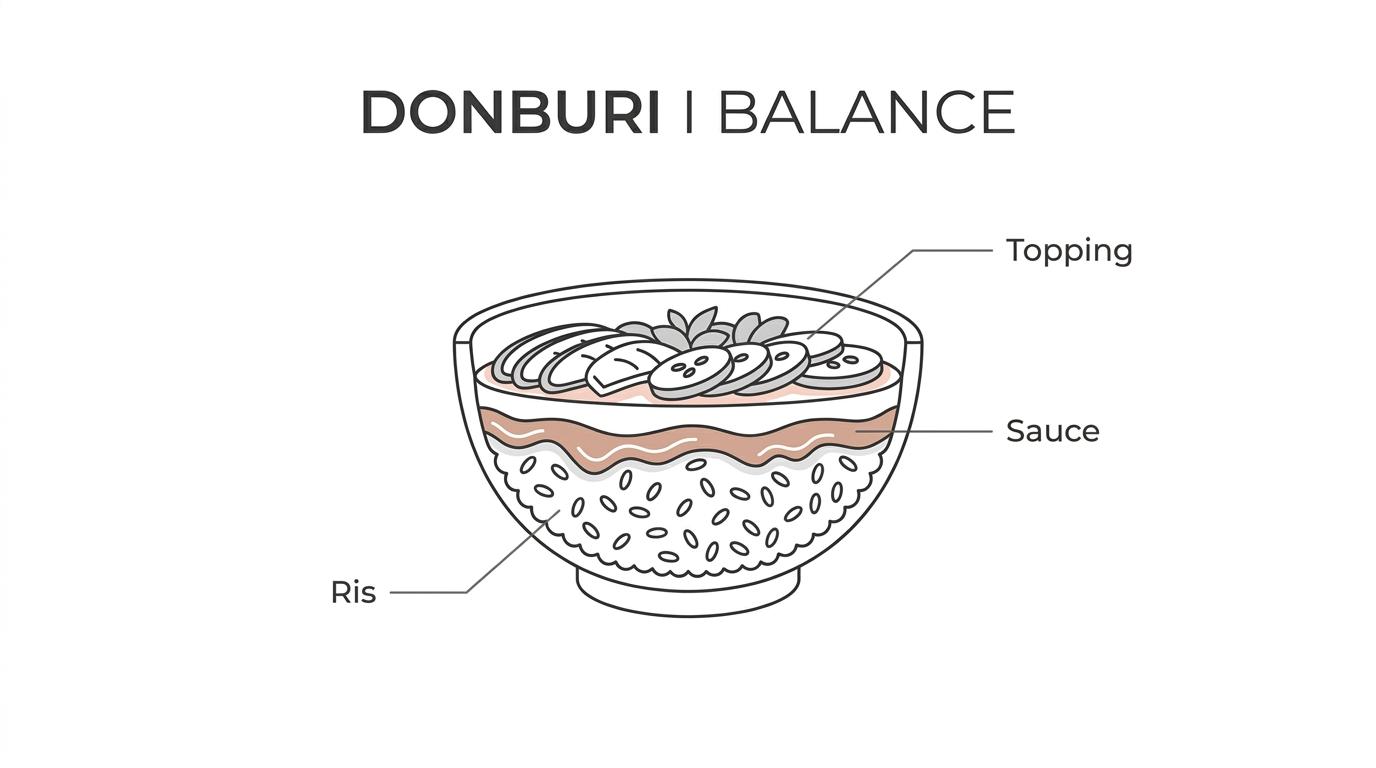 Illustration af en donburi-skål med labels for ris, sauce, protein, grønt og topping.