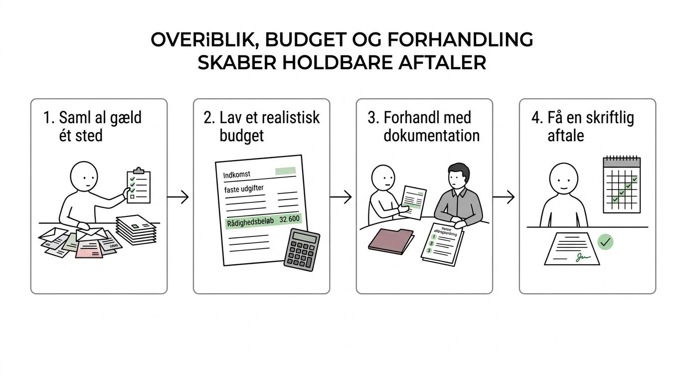 Diagram, der viser PØR’s forløb fra gældsoverblik og budget til kreditorforhandling og vurdering af gældssanering.