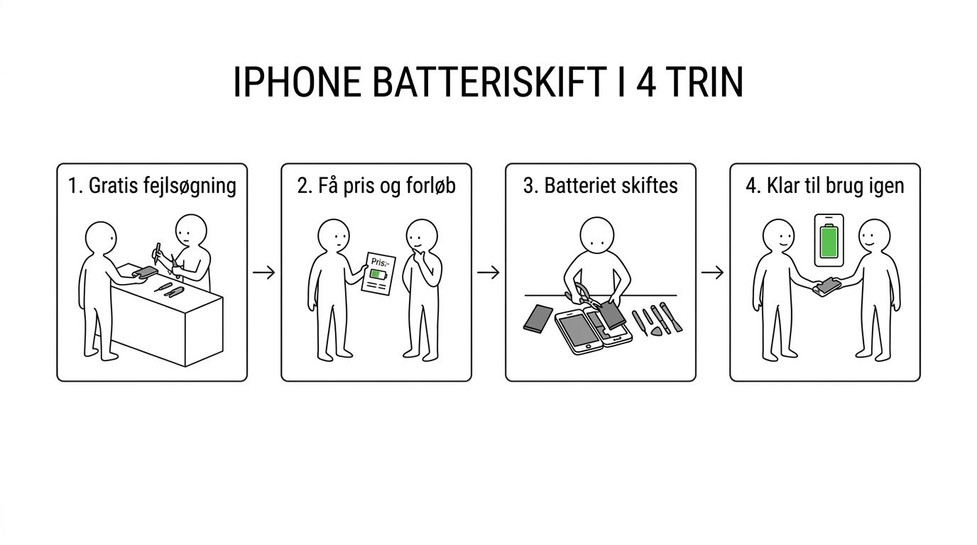 Flow med fire trin: gratis fejlsøgning, pris før godkendelse, batteriskift og iPhone klar til brug igen samme dag.