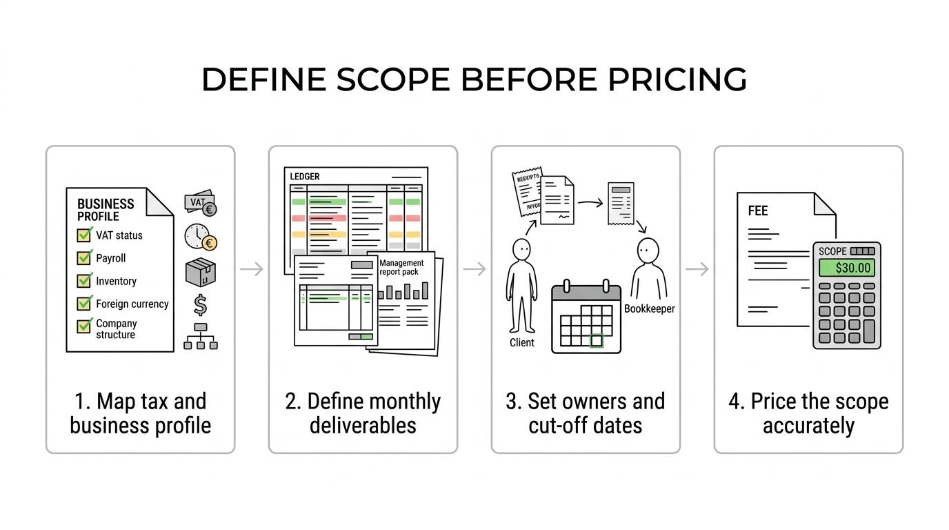 Three-step bookkeeping workflow showing entity profile, monthly deliverables, and responsibility cut-offs leading to accurate pricing and timely tax-ready reporting.