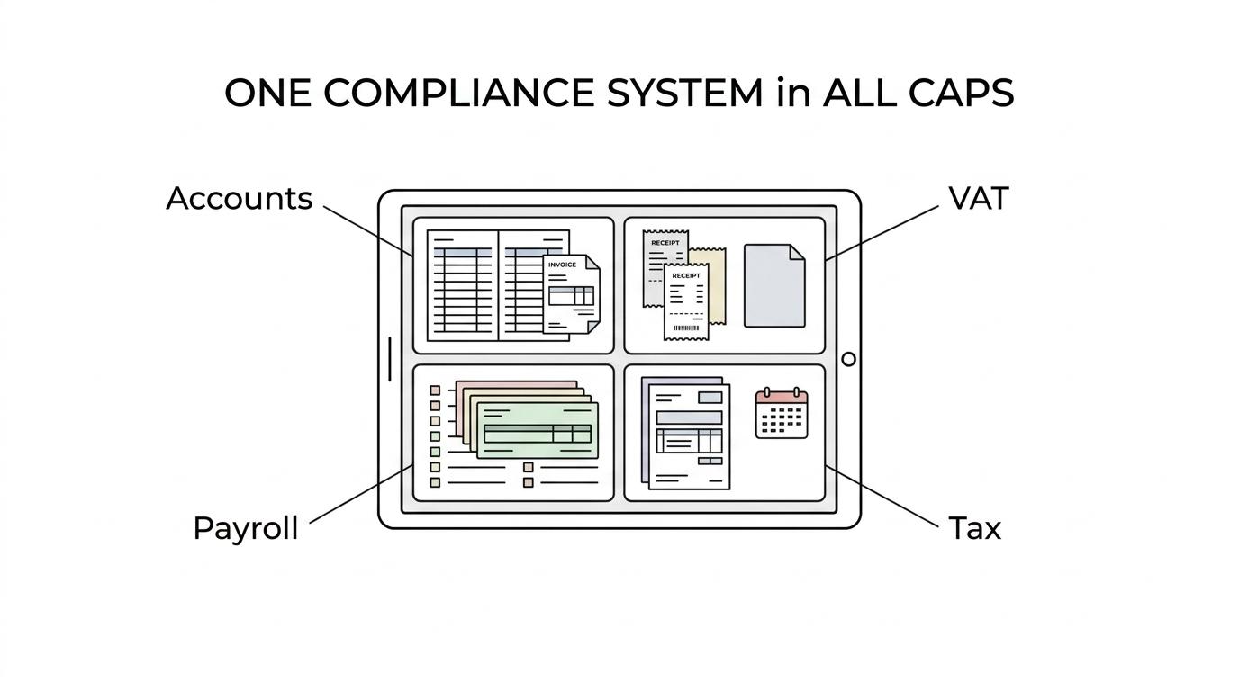 Diagram of a contractor limited company accounting system linking bookkeeping to VAT, payroll, annual accounts, corporation tax, self assessment, CIS and compliance.
