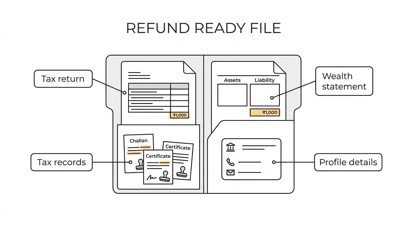 Labeled diagram linking a Pakistan tax return, wealth statement, tax payment records, ATL status, refund claim, and bank profile details.