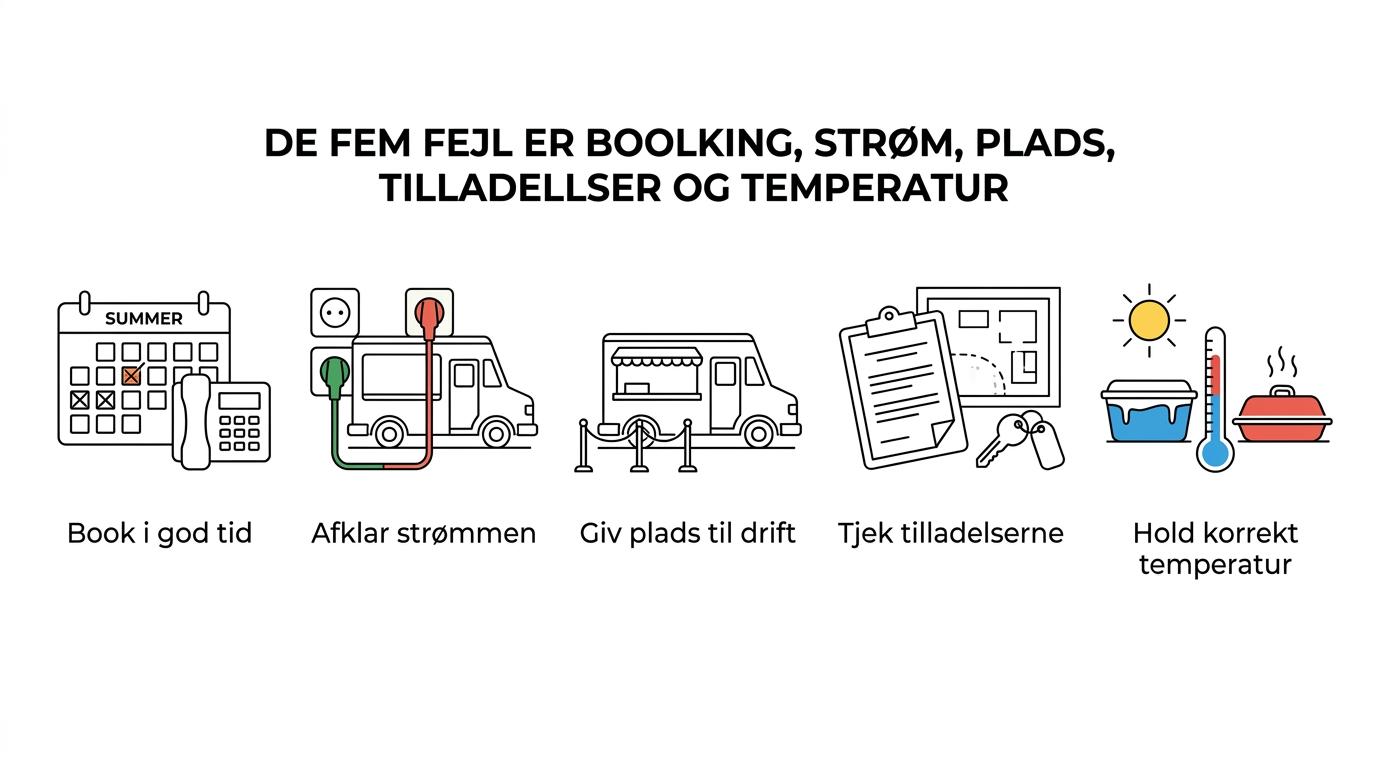 Visual listing five common foodtruck event mistakes: late booking, unclear power, too little space, missed permits, and weak temperature control.