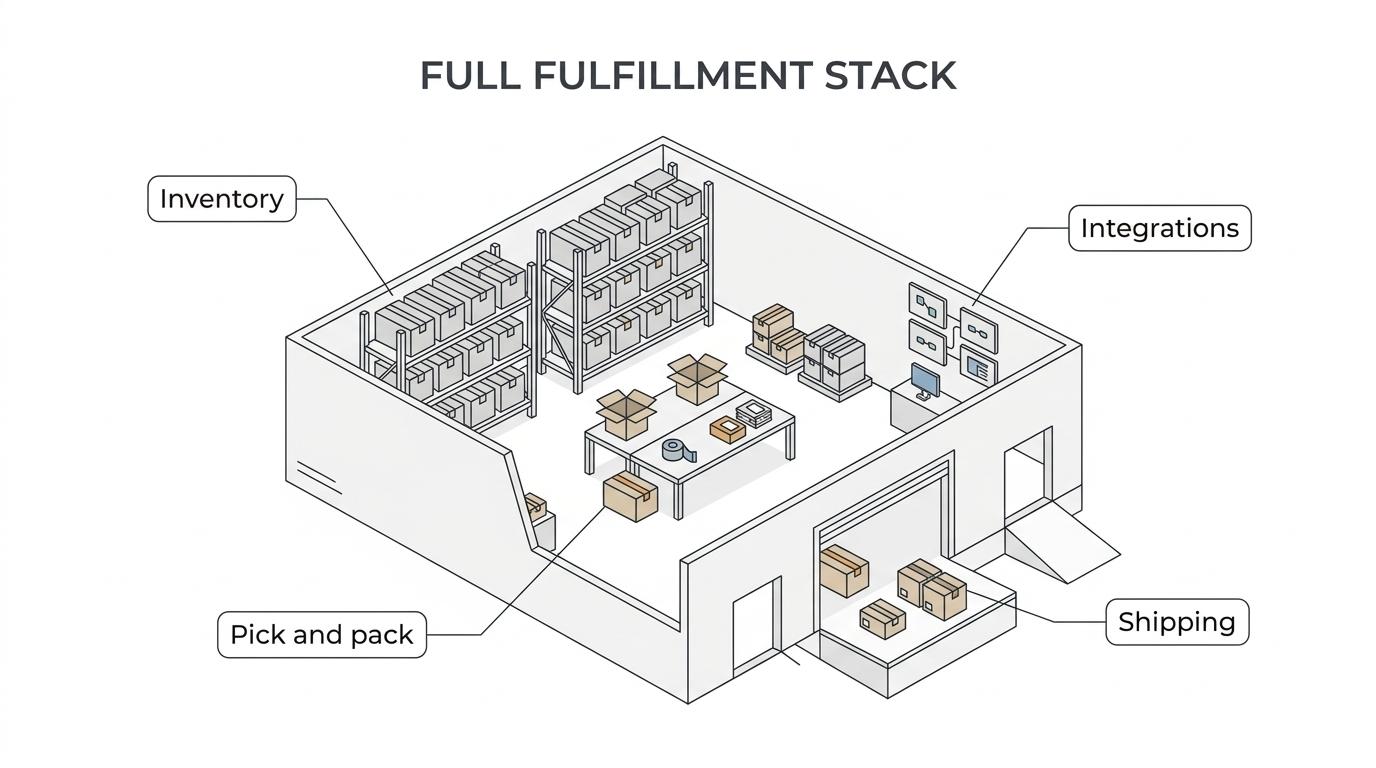 Diagram of SVDirect’s fulfillment system showing warehousing, automated order processing, pick-pack-ship, integrations, reporting, and account support.