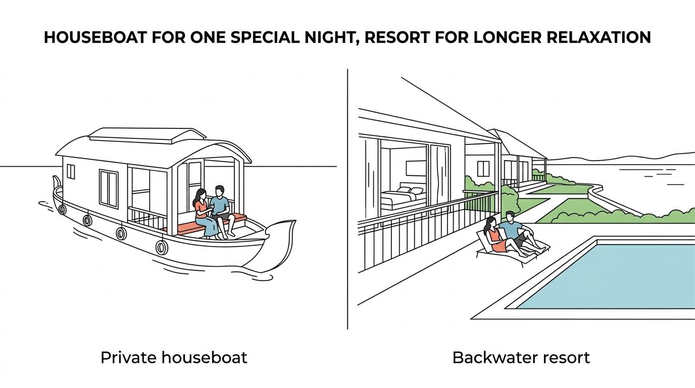 Side-by-side view of a private Kerala houseboat on calm backwaters and a lakeside backwater resort with landscaped grounds and water views.