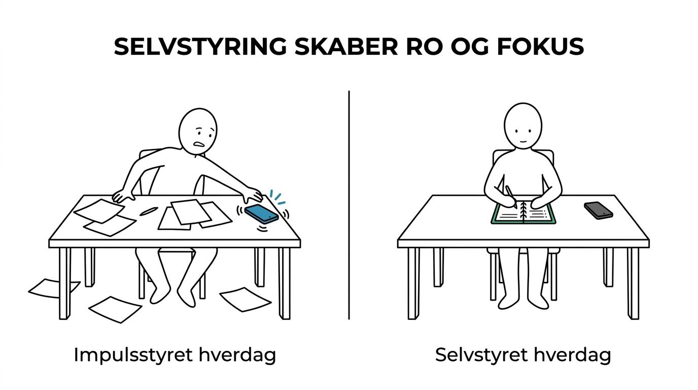 Sammenligning mellem en mentalt overbelastet hverdag med people pleasing og tankemylder og en mere rolig, fokuseret og selvstyret tilstand.