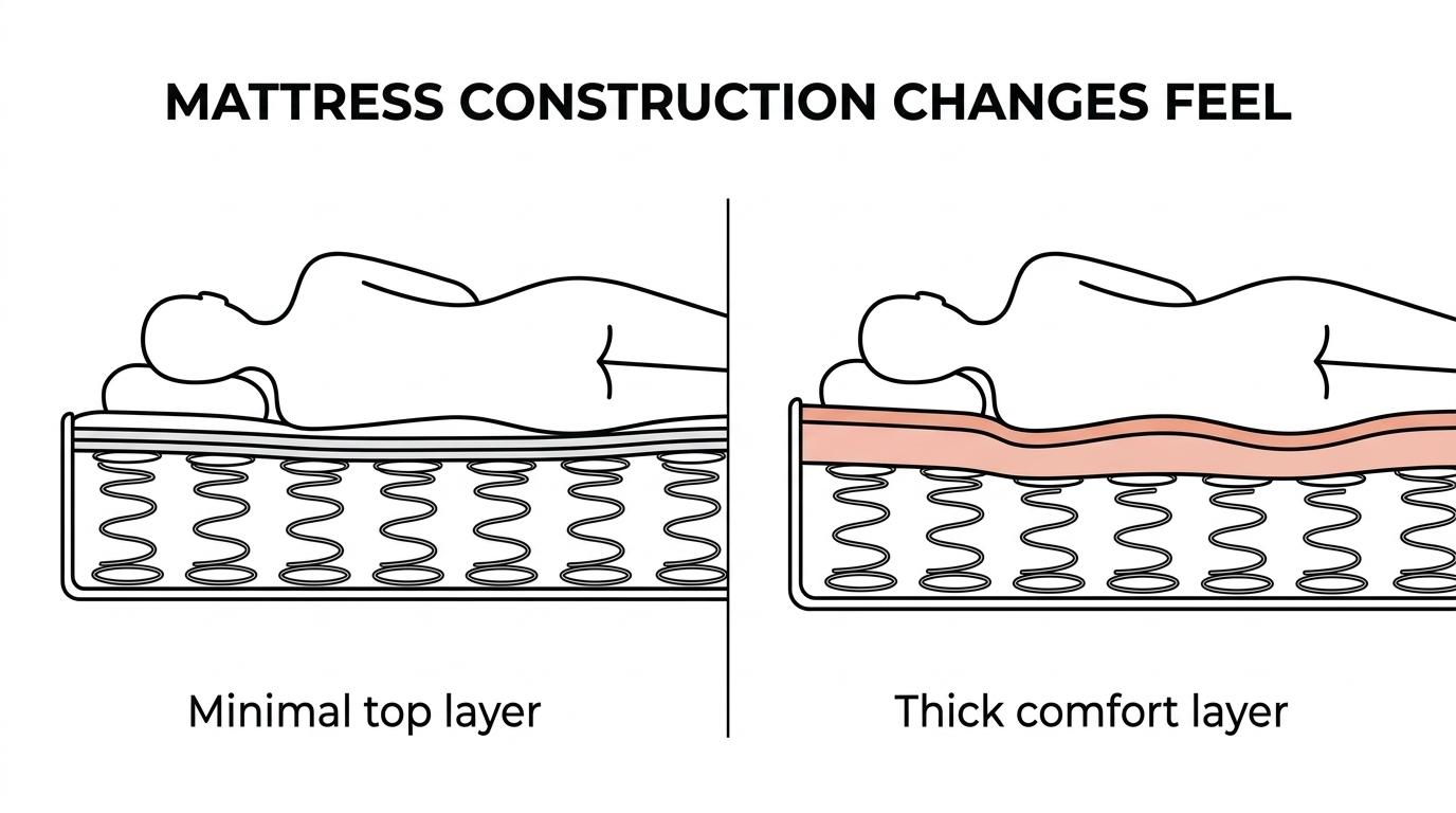 Side-by-side cutaway comparison of a hybrid mattress and a traditional innerspring, showing a thicker comfort layer and pocketed coils on the hybrid versus thinner padding and a connected coil system on the innerspring.