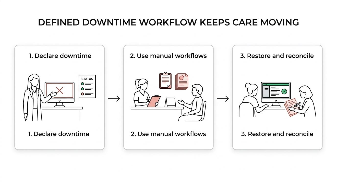 Step-by-step diagram of an EMR downtime response from outage declaration to manual workflows, system restoration, data reconciliation, and return to normal operations.
