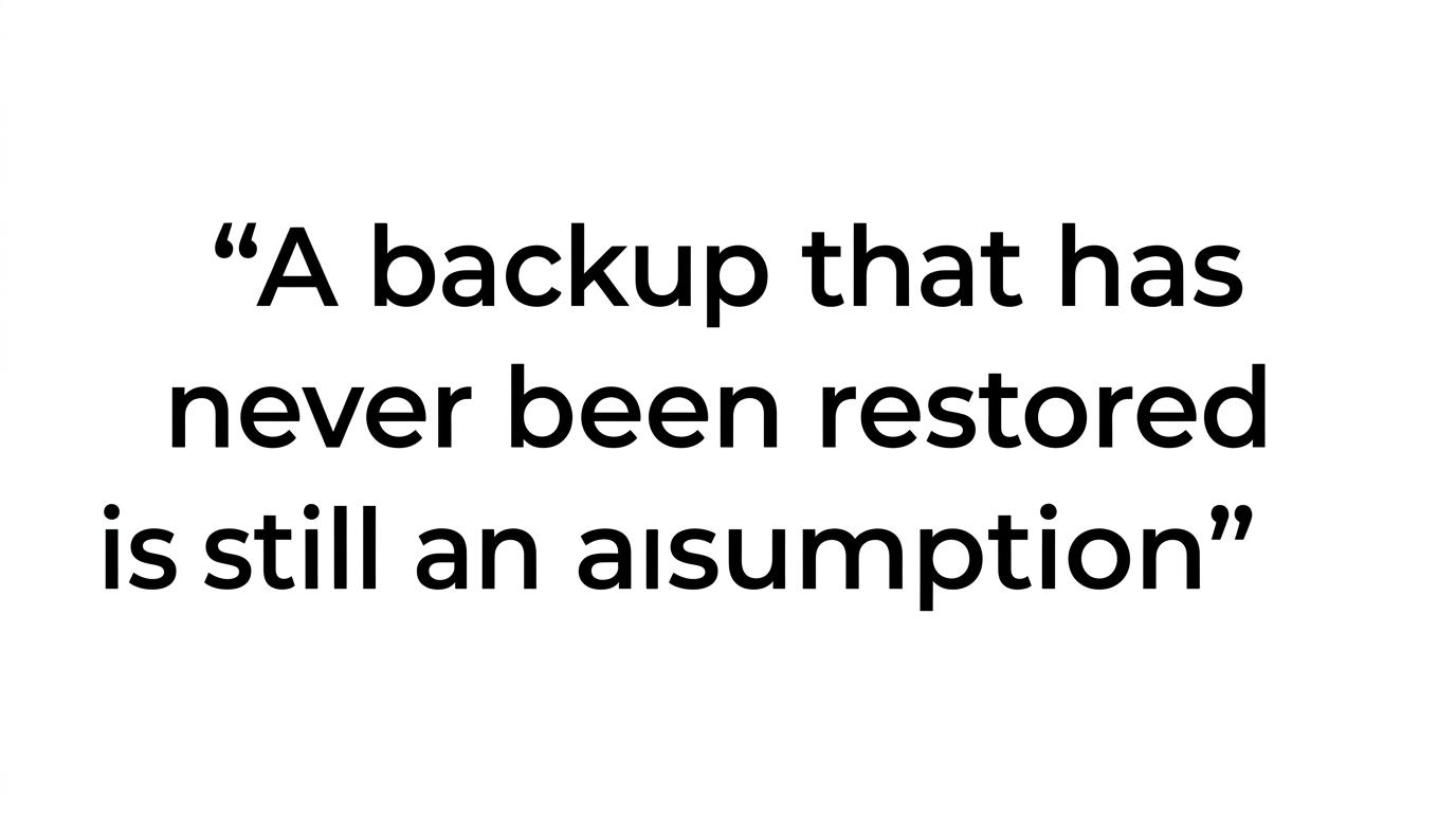 Large highlighted quote stating that a backup never restored is still an assumption.