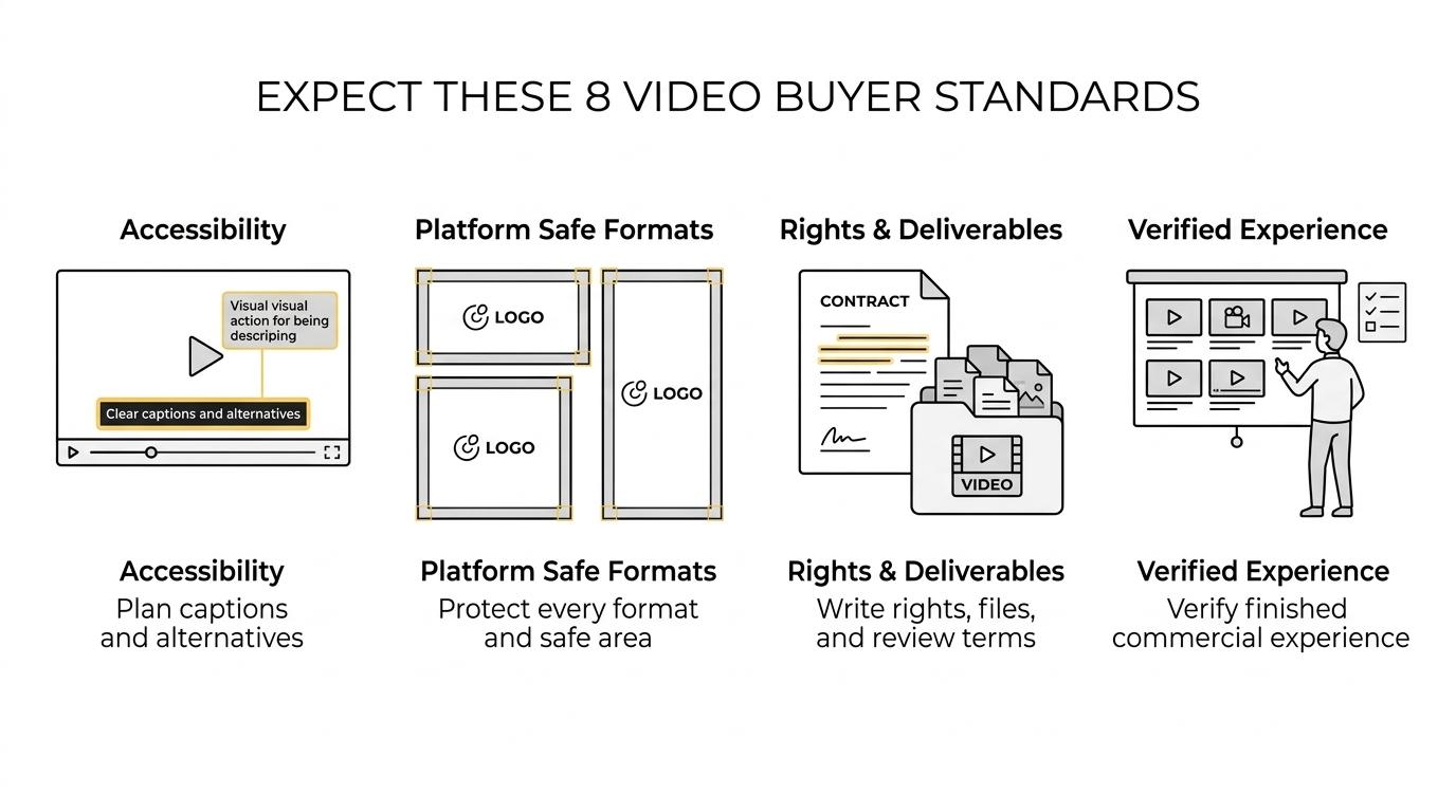 Visual listing eight commercial videography standards buyers should expect, including accessibility, caption quality, audio description, safe framing, safe areas, rights, deliverables, and proven experience.