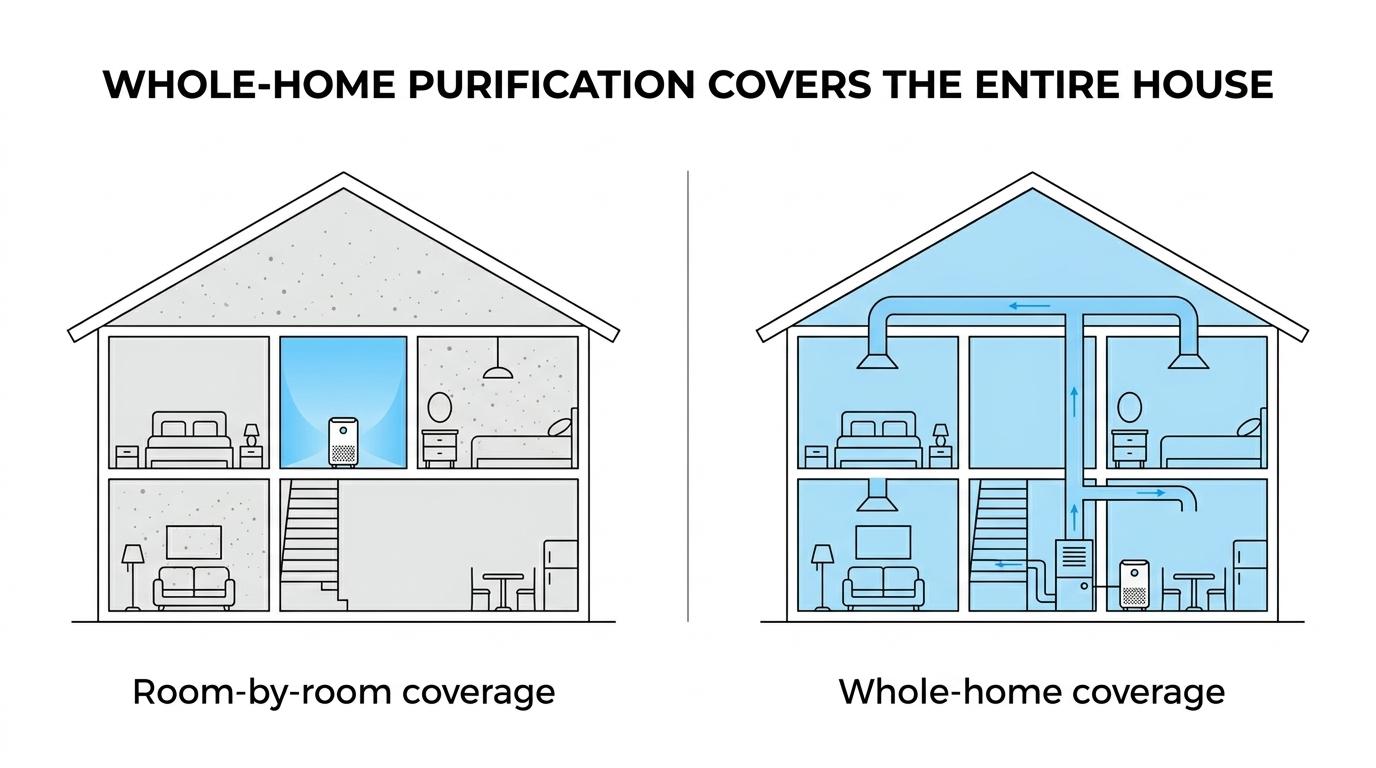 Side-by-side comparison of a whole-home air purifier connected near an HVAC air handler versus a single-room portable purifier covering only one space.