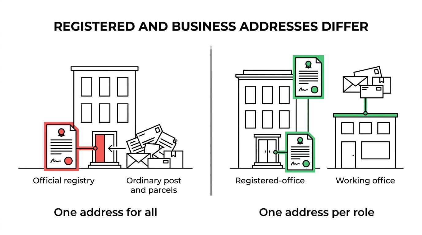 Side-by-side comparison of a Malta registered office, a business address, and a correspondence address with their different legal and operational roles labeled.