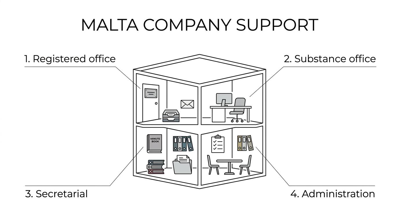 A central Malta company support hub connected to registered office, substance office, company secretarial, director support, administration, and office address change support.