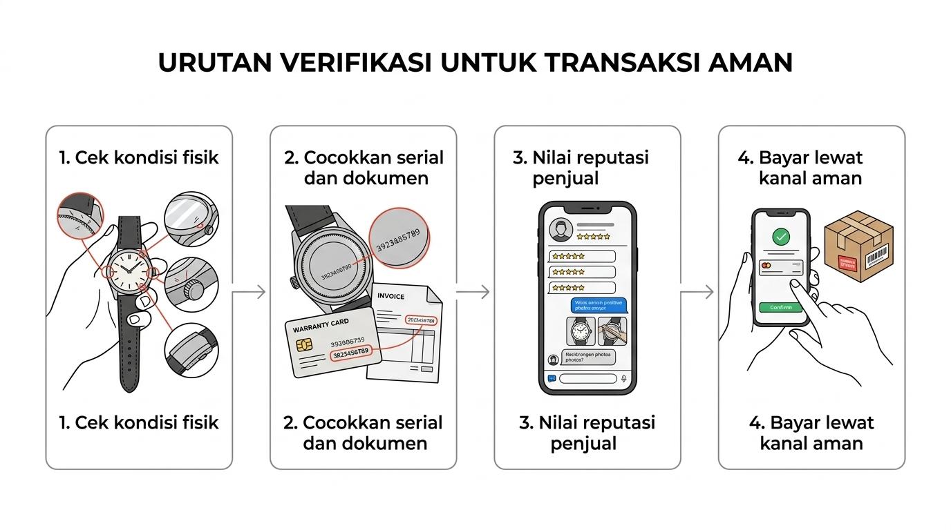 Diagram alur pembelian jam tangan preloved: cek kondisi fisik, verifikasi keaslian, telusuri riwayat, nilai reputasi penjual, lalu lakukan transaksi aman.