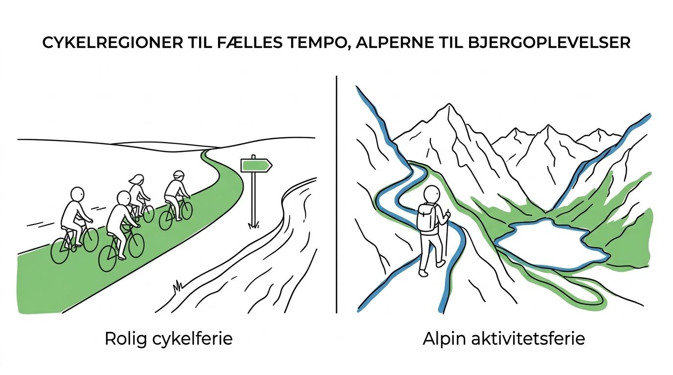 Sammenligning af rolige franske cykelregioner og Alperne med forskelle i terræn, intensitet, logistik, vejr og oplevelsestype.