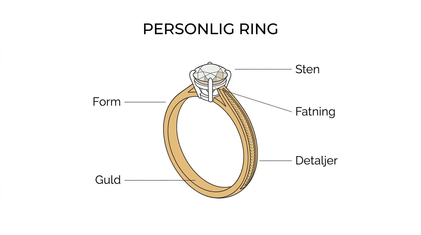 En specialdesignet ring vist med markeringer af profil, bredde, fatning, sten, metal og små detaljer.