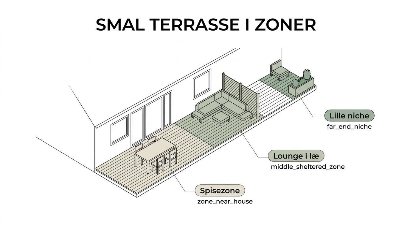 Planvisning af en smal have med terrasse opdelt i spisezone ved huset, lounge i læ, lille niche længere ude samt plantekasser og afskærmning.