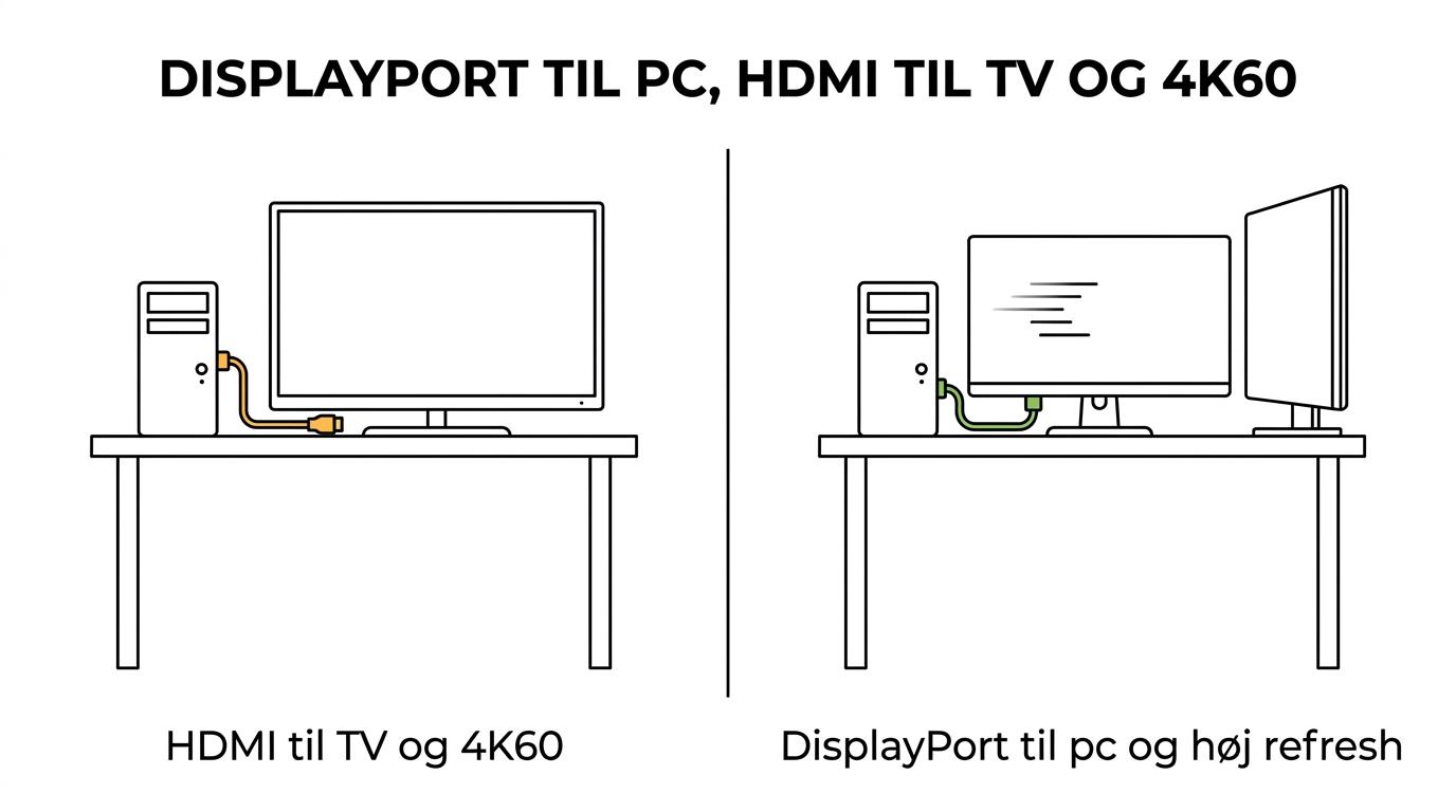 Side-by-side comparison of DisplayPort 1.4 and HDMI for desktop gaming and work, showing bandwidth, refresh rate, HDR, and typical best-use scenarios.