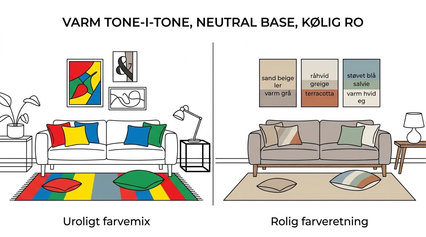 Side-by-side sammenligning af tre stuepaletter: varm tone-i-tone, neutral base med varme accenter og kølige nuancer balanceret med varme materialer.