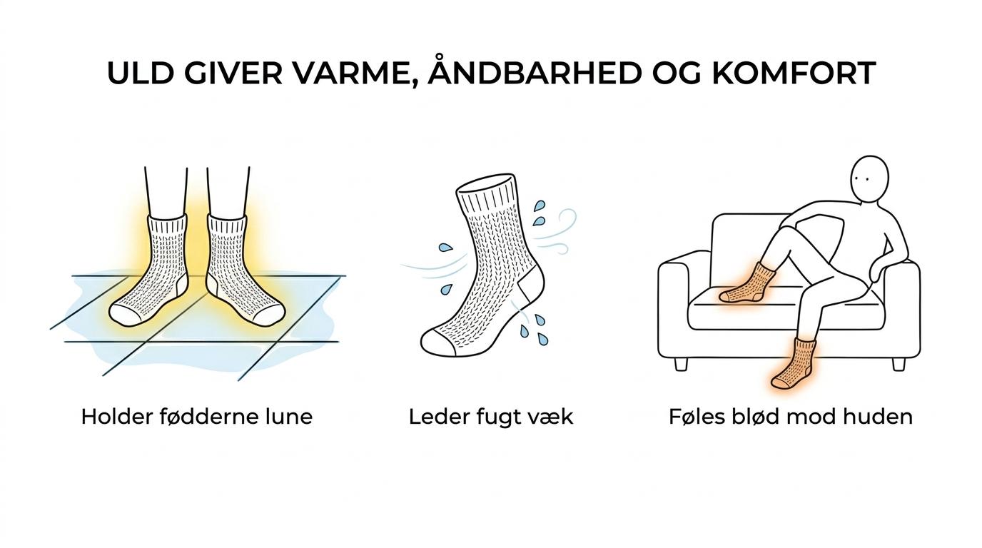 Illustration af fire fordele ved uldsokker: temperaturregulering, fugttransport, naturlig lugtmodstand og blød komfort.