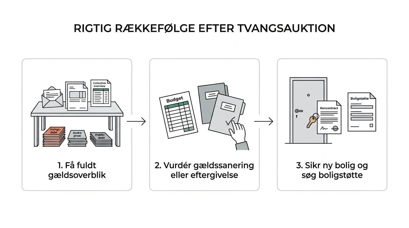 Flowdiagram over de vigtigste skridt efter tvangsauktion: gældsoverblik, opdeling af gæld, budget, vurdering af gældssanering eller eftergivelse, boligstøtte og stabil økonomi.