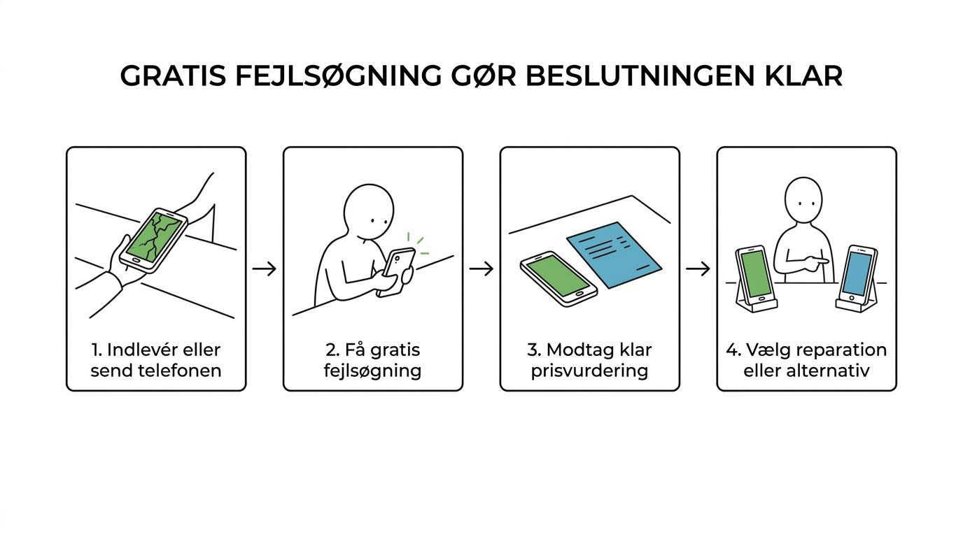 Procesgrafik, der viser Samsung-reparation fra gratis fejlsøgning og prisvurdering til reparation i Frederikshavn samt aflevering eller postindsendelse fra Hirtshals.