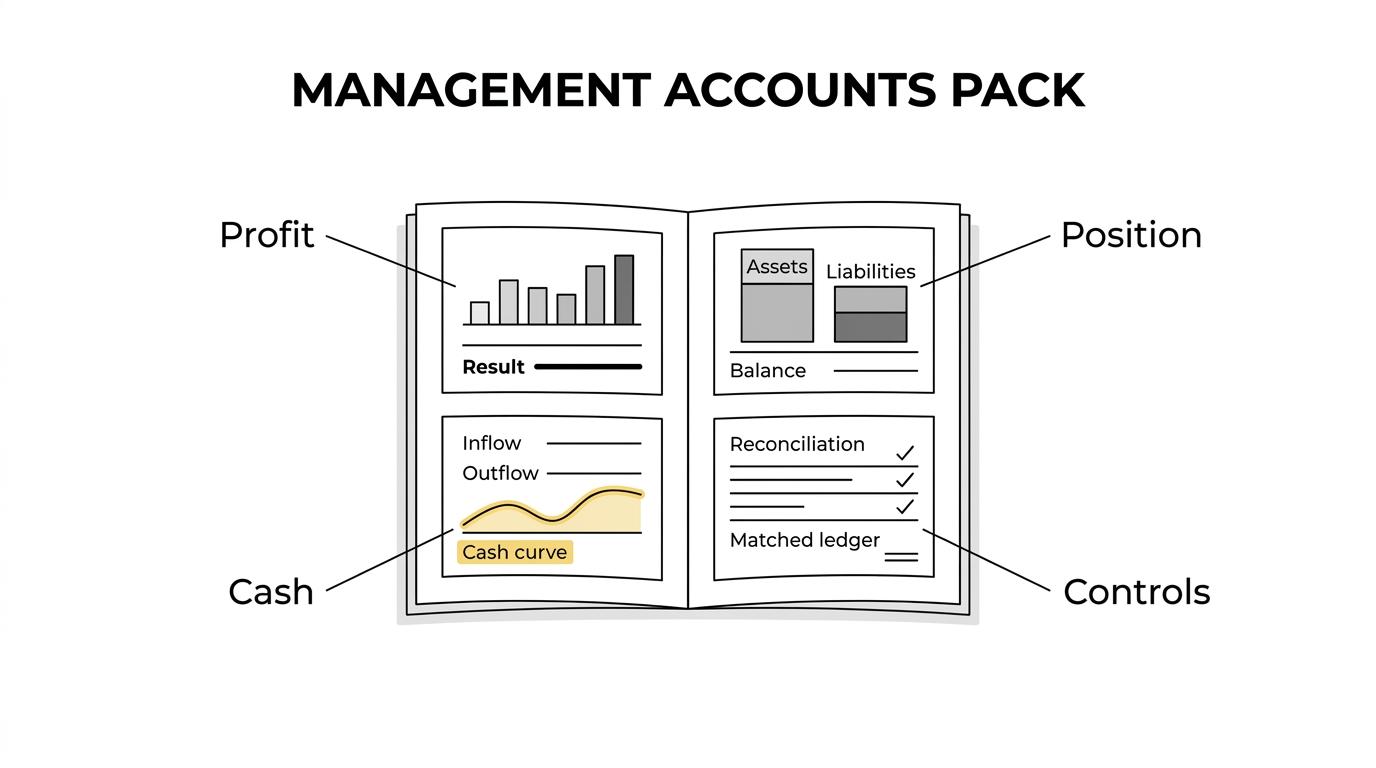 Diagram of a monthly management accounts pack with labeled sections for profit and loss, balance sheet, cash flow, working capital, budget versus actual, commentary, and reconciliations.
