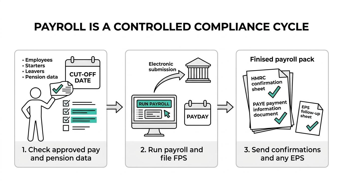 Three-stage payroll workflow showing pre-pay data checks, payday FPS filing, and post-filing confirmations with EPS or pension next steps.
