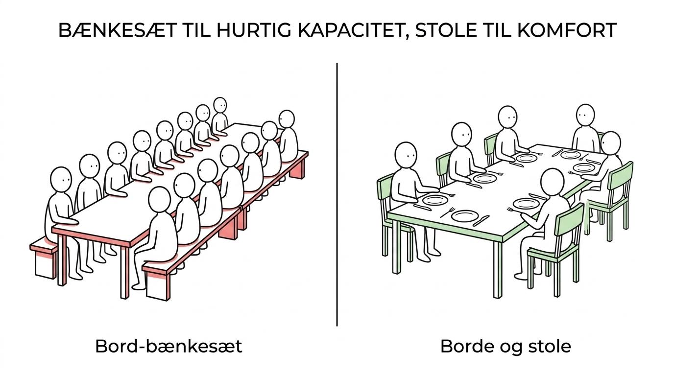 Side-by-side sammenligning af et bord-/bænkesæt og separate borde og stole med fokus på kapacitet, flow, komfort og formel brug.