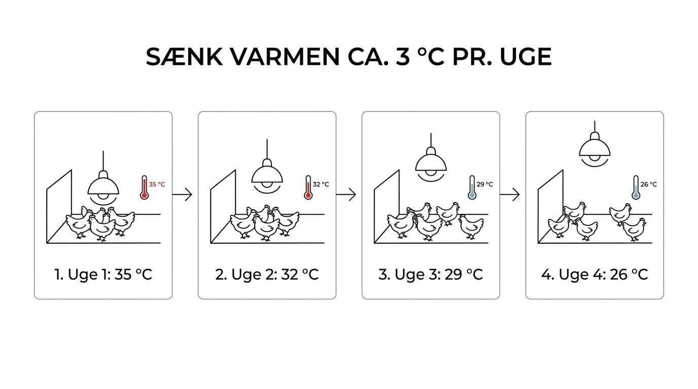 Fire-trins oversigt over kyllingetemperatur fra uge 1 til 4, hvor varmen falder fra 35 °C til 26 °C.