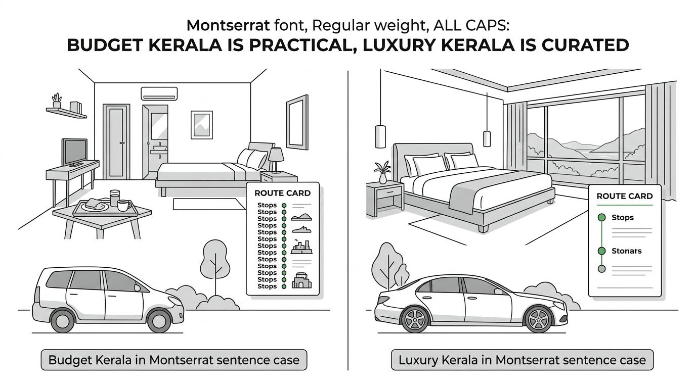 Side-by-side comparison of budget and luxury Kerala trips showing differences in stays, transport, pace, meals, houseboats, and privacy.