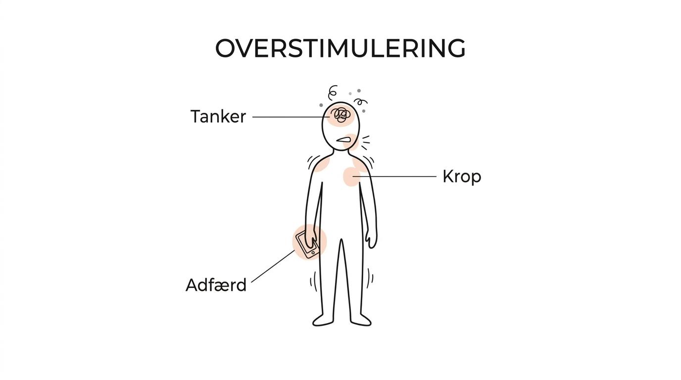 Diagram over overstimulering med udløsere, kropslige signaler, mentale tegn og måder at regulere på.