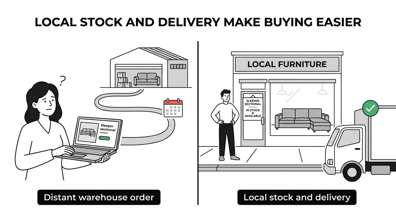 Side-by-side comparison of a typical sleeper sectional purchase with long waits versus Tony Discount’s Charlotte buying path with local inventory, reservation, pickup, and delivery.