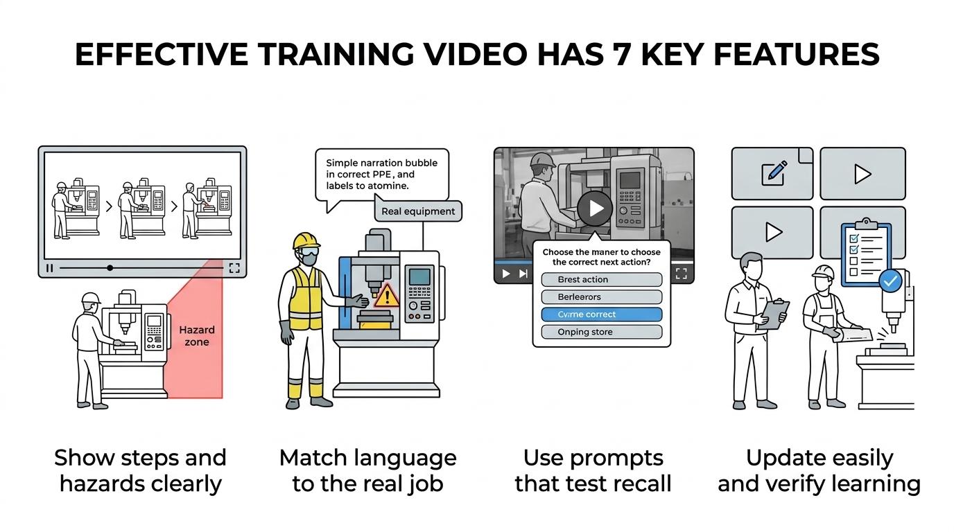 Diagram showing seven key features buyers expect in industrial training videos: clear sequencing, hazard specificity, language fit, visual realism, interactive checks, update-friendly structure, and proof of comprehension.