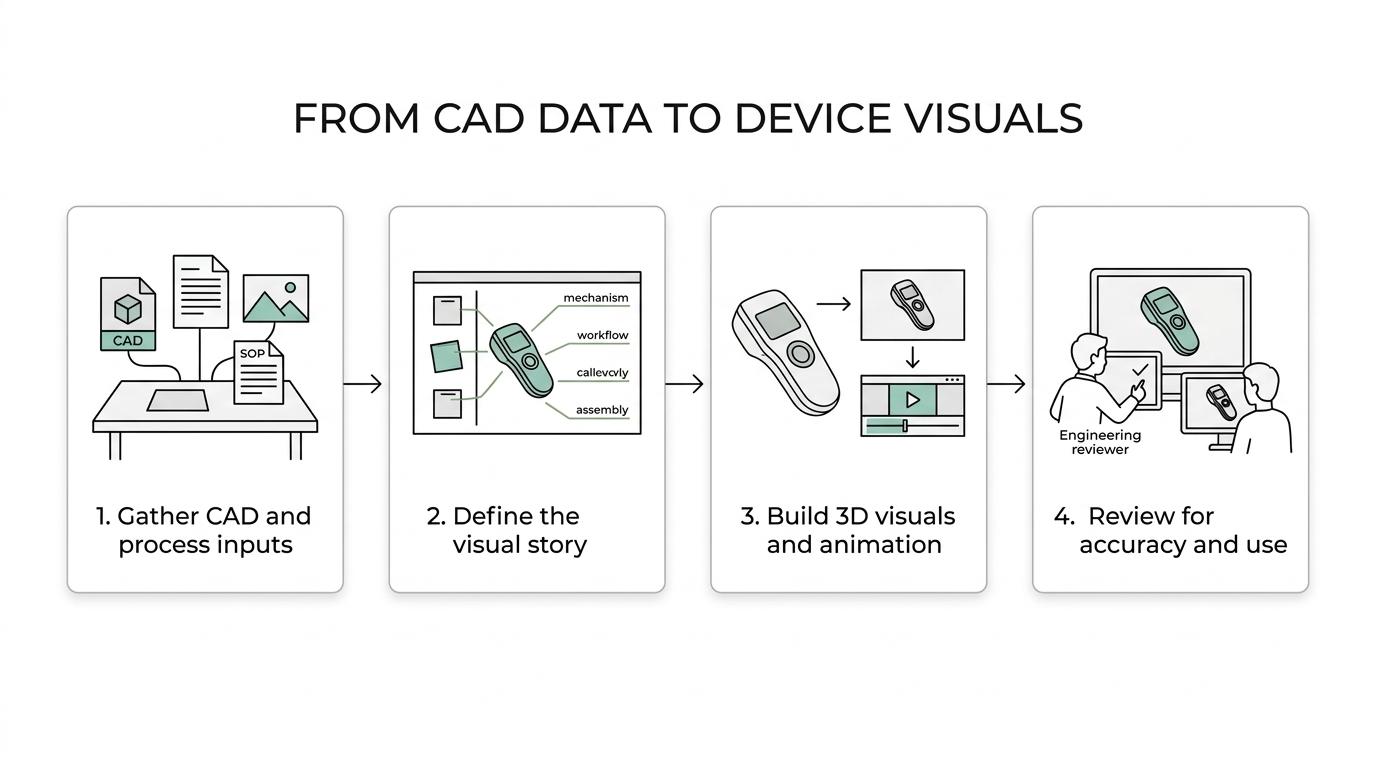 Step-by-step visual showing CAD files, reference documents, and SOP inputs becoming 3D models, animated device sequences, and presentation-ready training and product visuals.