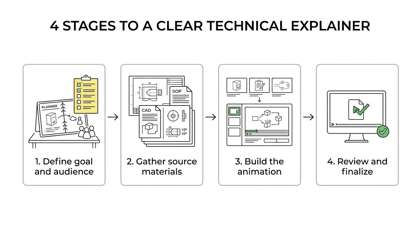A four-step process showing a technical 2D explainer project moving from defining the message and audience to organizing source materials, developing the animation, and reviewing it for accuracy and clarity.