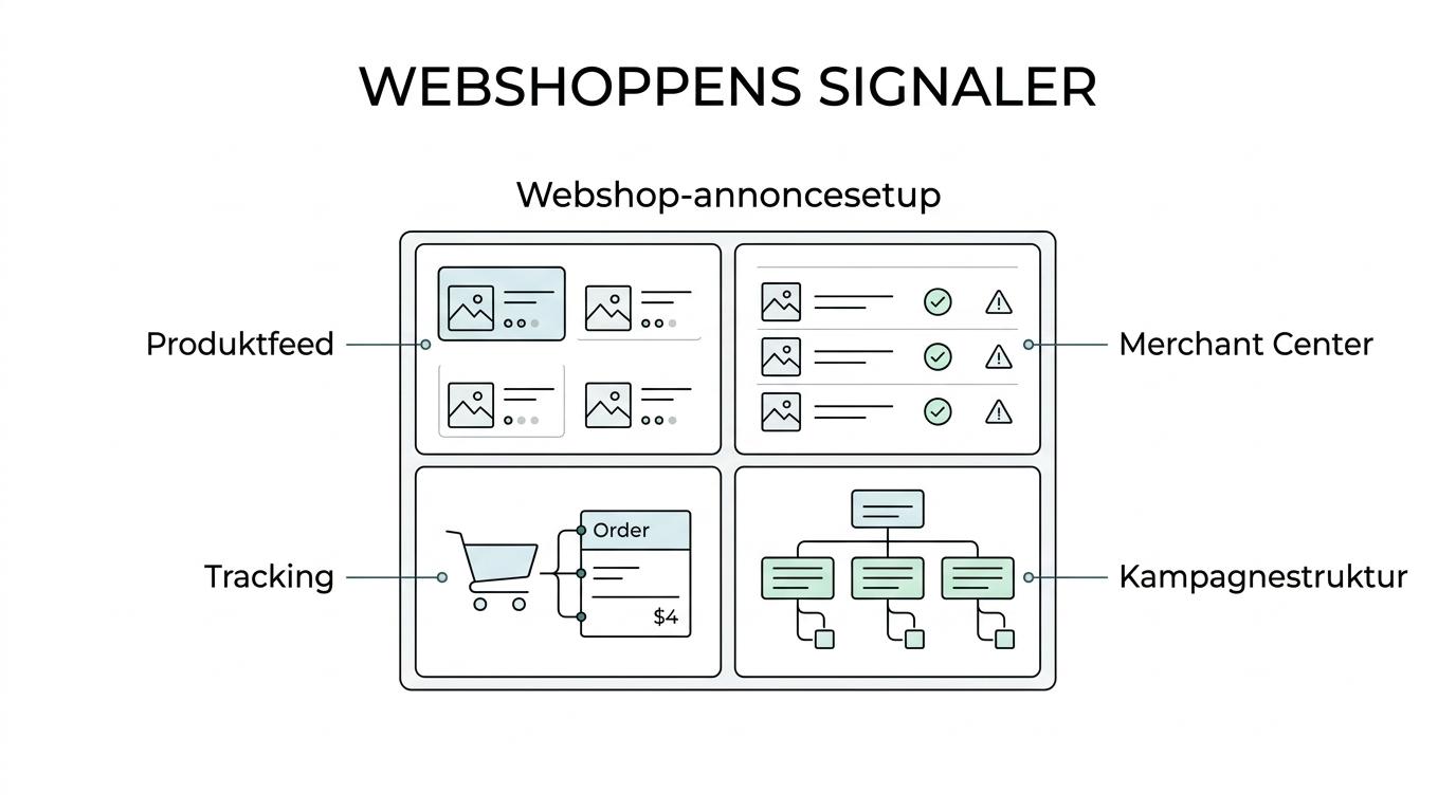 Diagram over en webshop-Google Ads-opsætning med feed, Merchant Center, tracking, kampagnestruktur og conversion value som sammenhængende dele.