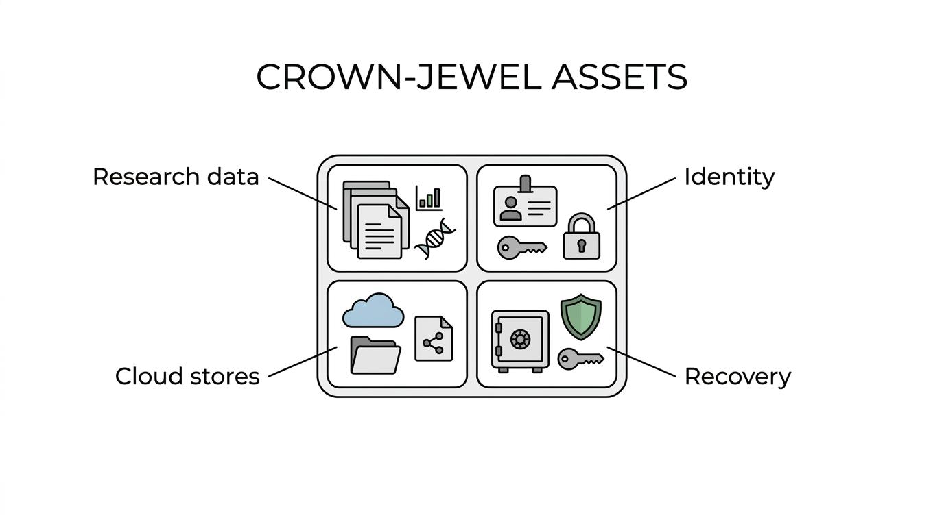 Diagram of a biotech environment showing lab systems, cloud apps, partner portals, remote users, identity services, research data, and backups as connected high-risk assets.