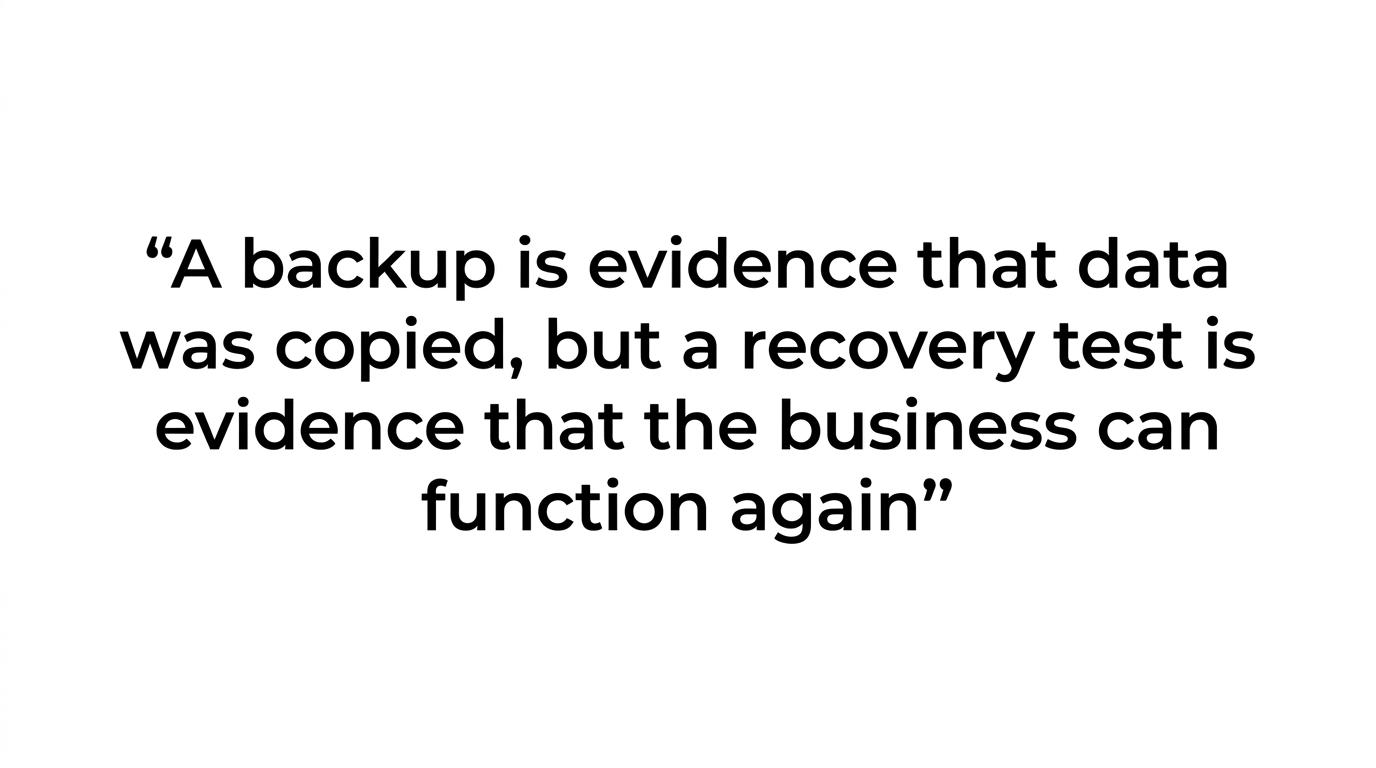 Highlighted quote stating that a backup proves data was copied, while a recovery test proves the business can function again.