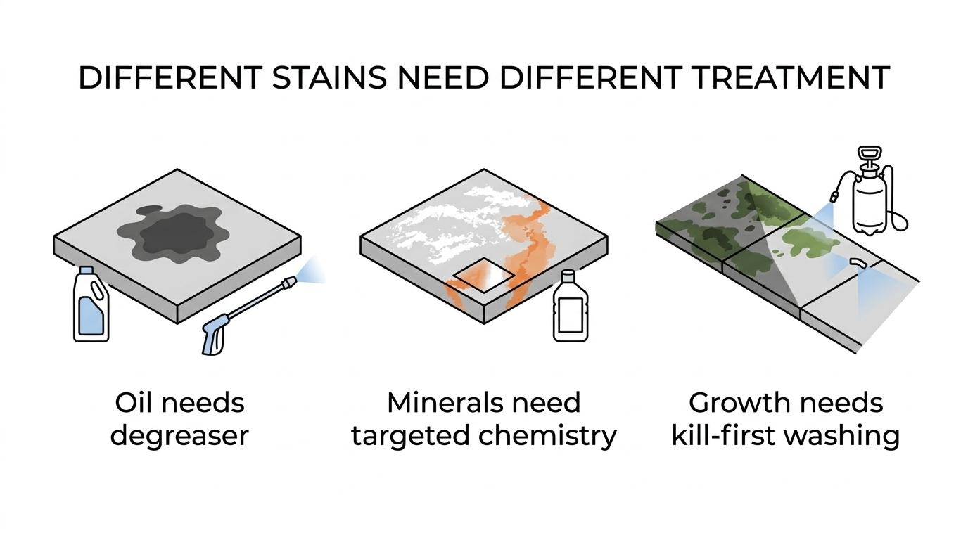 Concrete Cleaning Service: 6 Stains Pros Remove Best 2 A visual guide to six common concrete stains—oil and grease, efflorescence, rust, mold and algae, graffiti, and red clay—with brief notes on how each is typically treated.