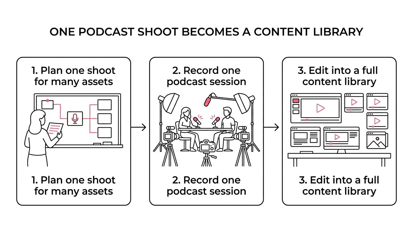 A step-by-step workflow showing consultation, pre-production planning, podcast filming, post-production editing, and delivery of full episodes plus short clips.