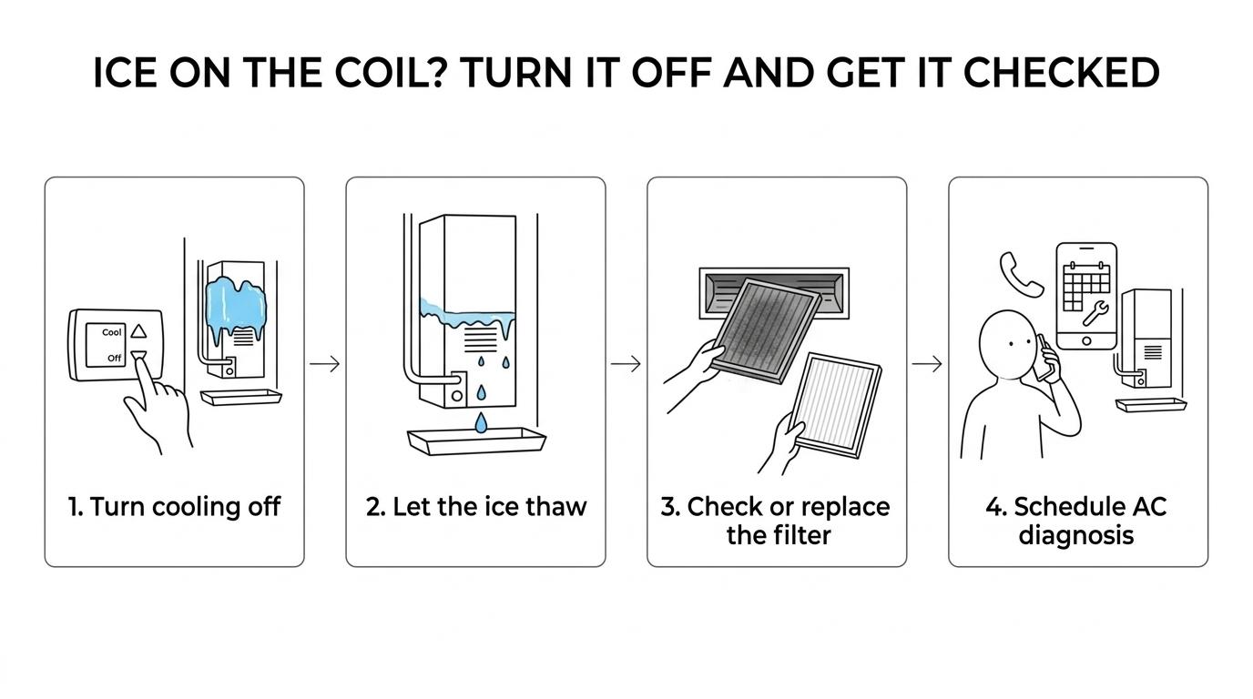 Step-by-step AC troubleshooting flow showing an indoor evaporator coil icing over, the thermostat being turned off, the filter being checked, and an HVAC service call being scheduled.