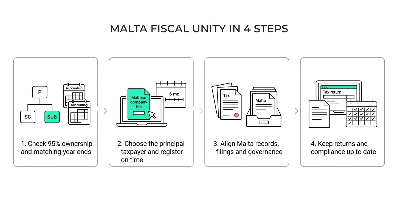 Flow diagram showing Malta fiscal unity steps from eligibility review to registration, local record alignment, and ongoing compliance.
